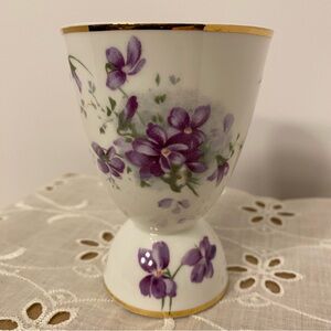 Vintage Porcelain Egg Cup Holder Hand Painted Violets Gold Trim Springtime